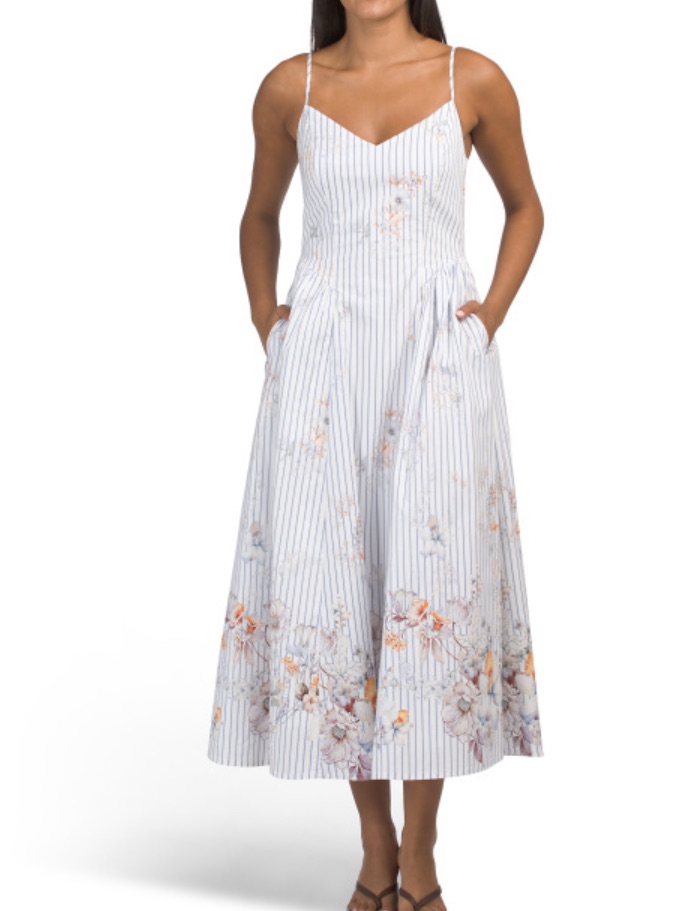 Rachel Zoe Fully Lined Striped Floral Smocked Sundress In Light Blue